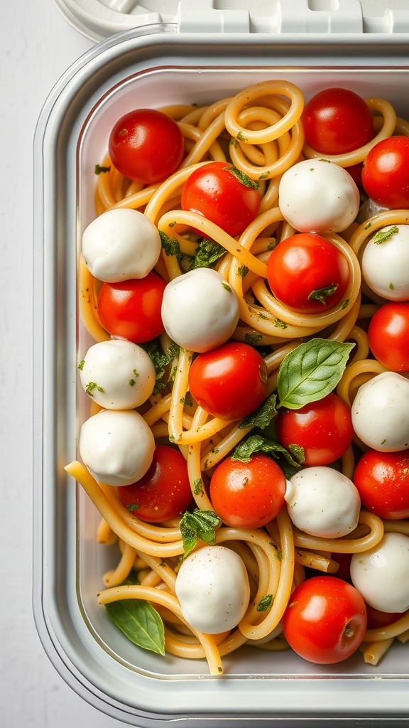 A colorful pasta salad with cherry tomatoes, mozzarella balls, and fresh basil in a container.