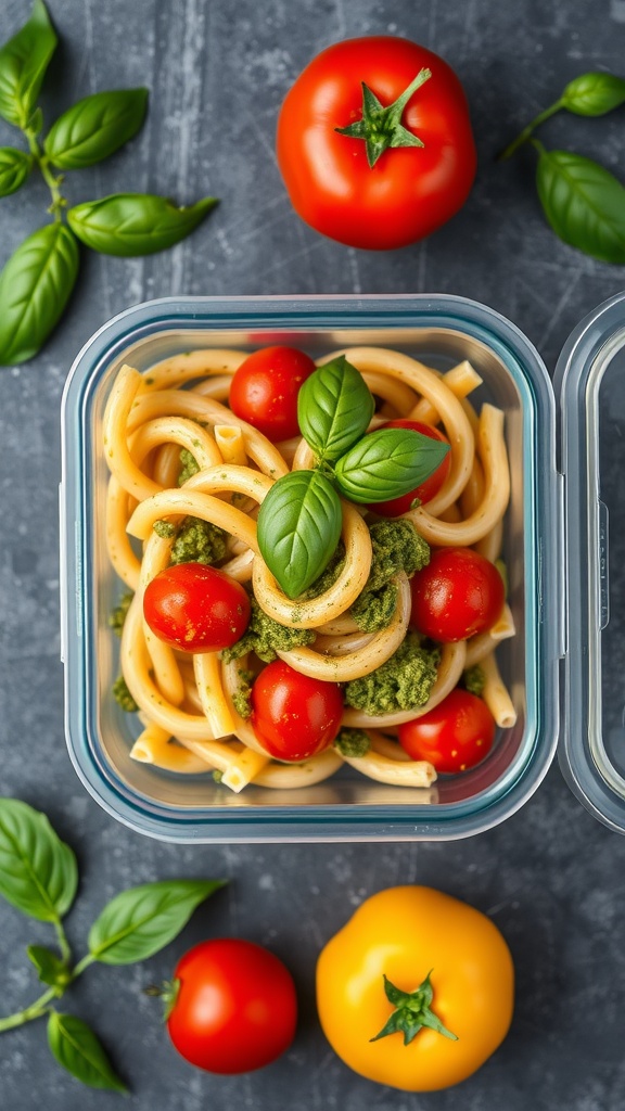 A bowl of pasta salad with pesto and cherry tomatoes, garnished with fresh basil leaves.