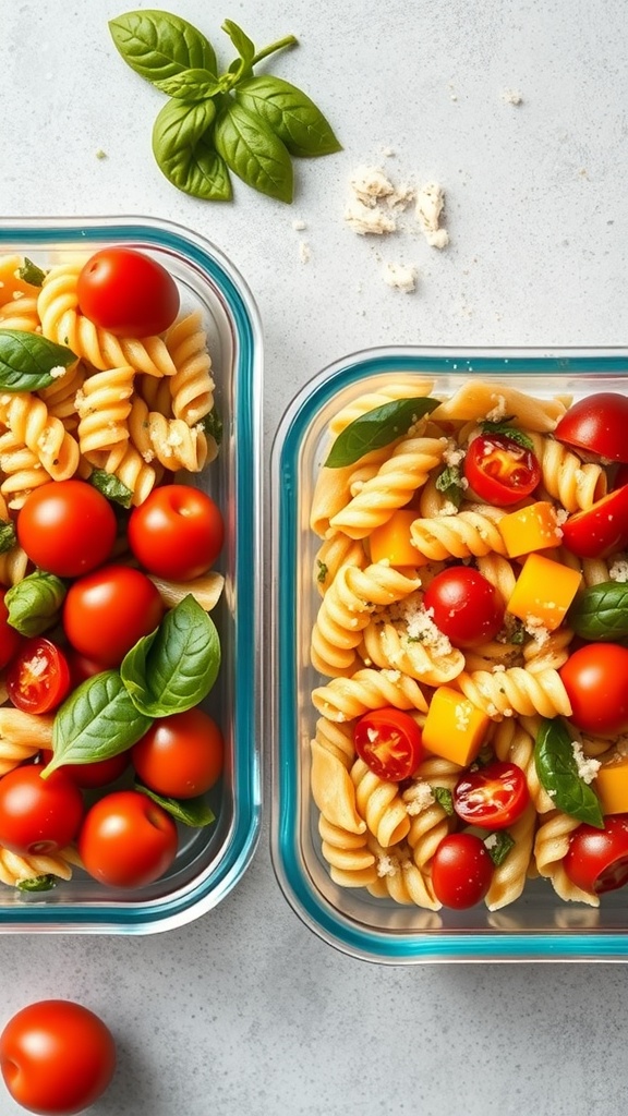 A colorful pasta salad with pesto, cherry tomatoes, and fresh veggies in a lunchbox.