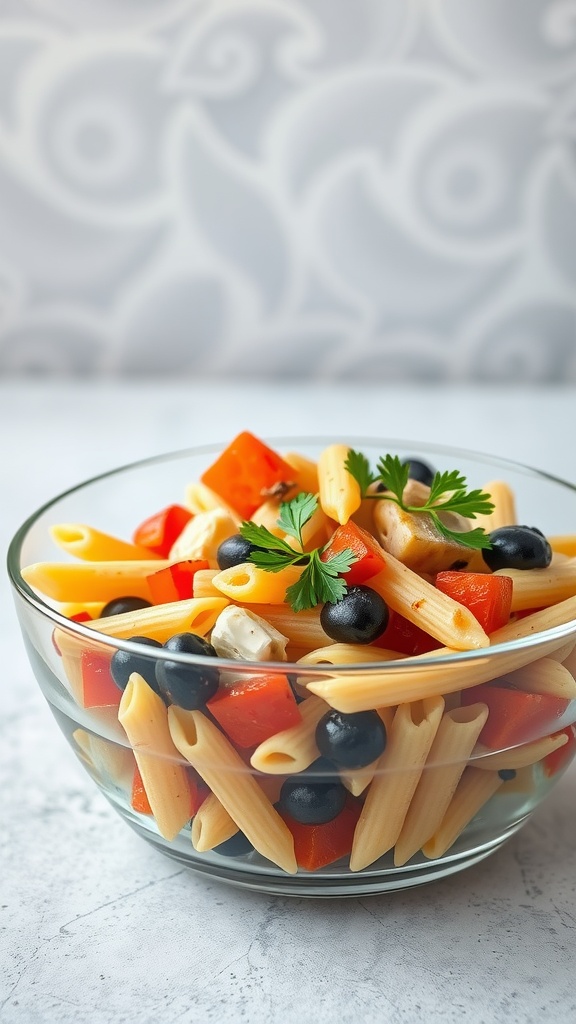 A colorful pasta salad featuring roasted vegetables, black olives, and herbs in a bowl.