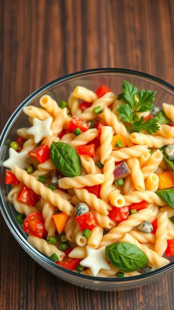 A colorful pasta salad with seasonal vegetables in a glass bowl