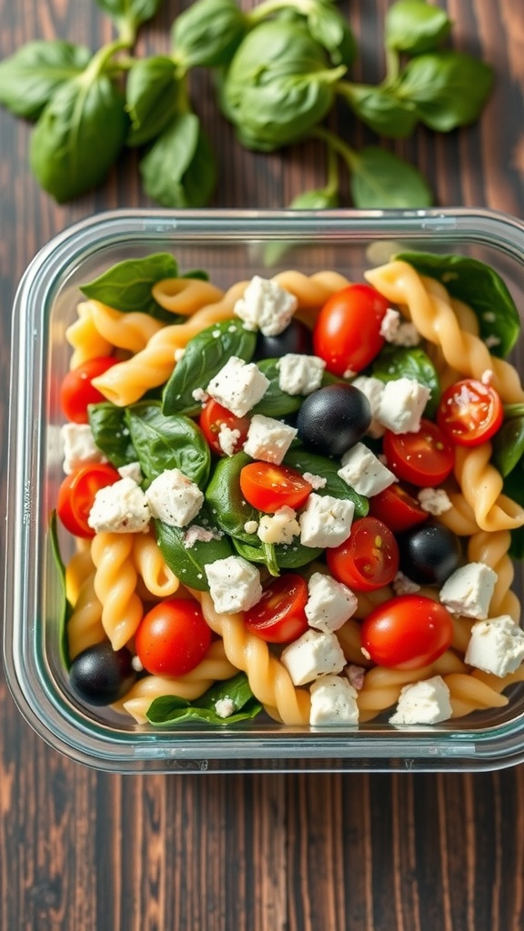A colorful pasta salad with spinach, cherry tomatoes, black olives, and feta cheese in a glass container.