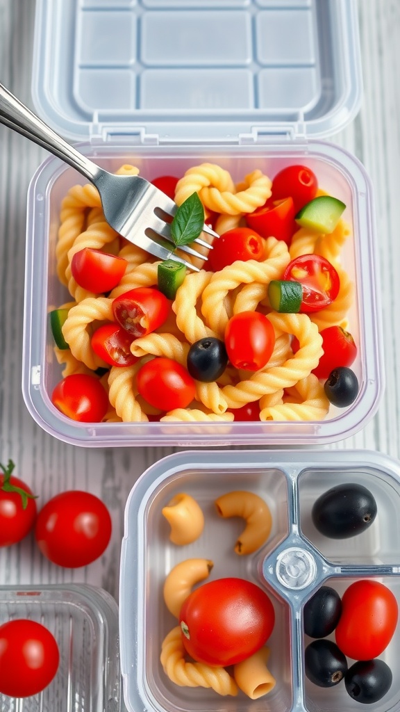 A vibrant pasta salad with cherry tomatoes, cucumbers, and olives in a lunchbox.