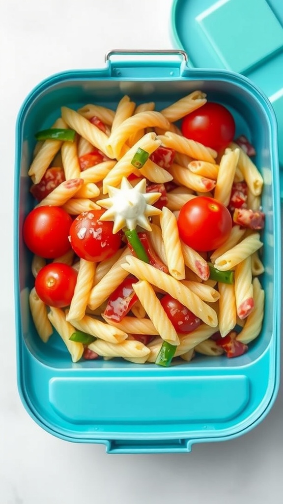 A vibrant pasta salad with cherry tomatoes and green bell peppers in a blue lunchbox.