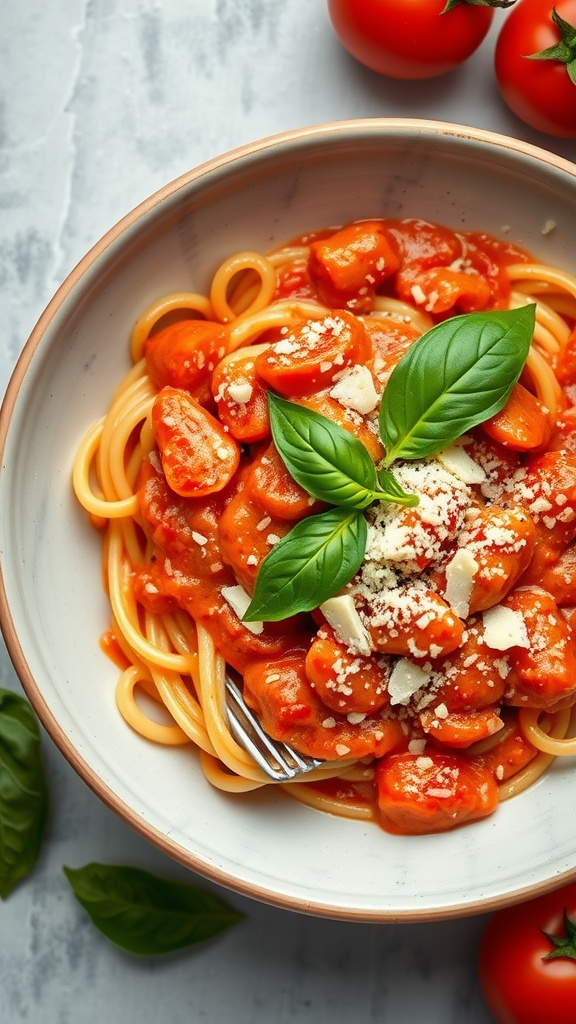 A bowl of pasta with creamy tomato sauce, topped with basil leaves and grated cheese.