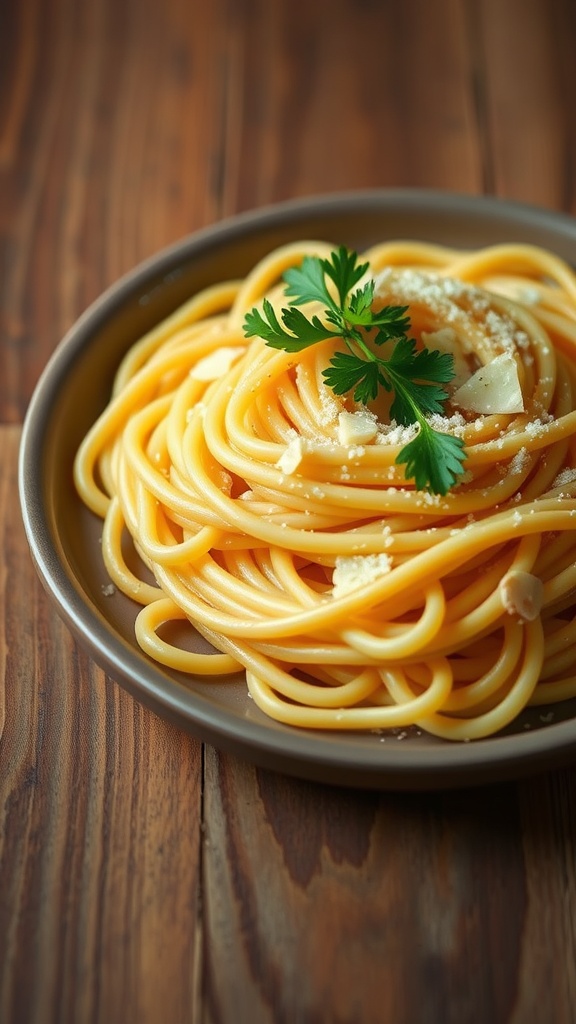 A plate of pasta with garlic and olive oil garnished with parsley.