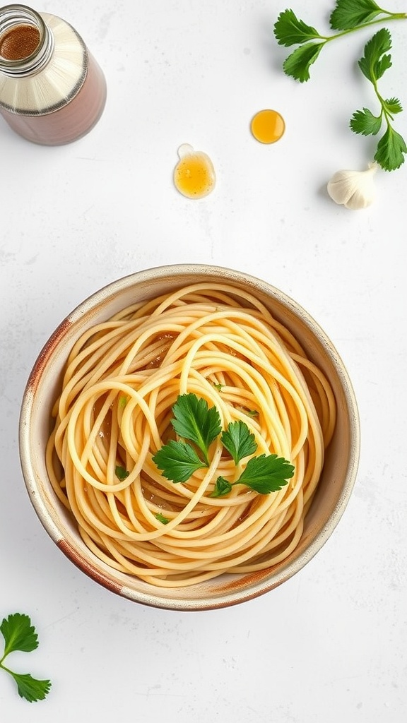 A bowl of spaghetti with garlic and olive oil garnished with parsley.