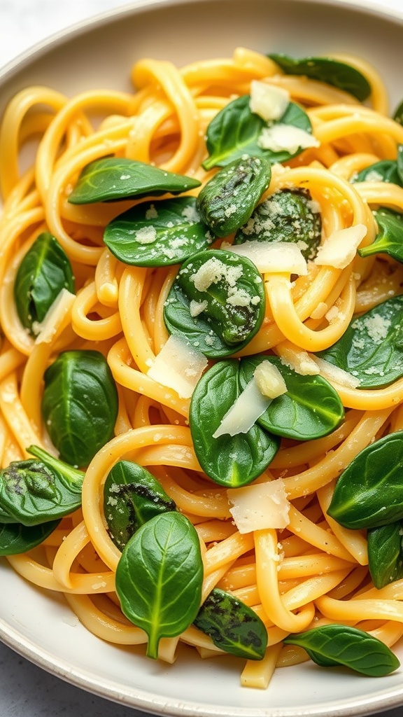 A plate of pasta with garlic and fresh spinach topped with cheese.