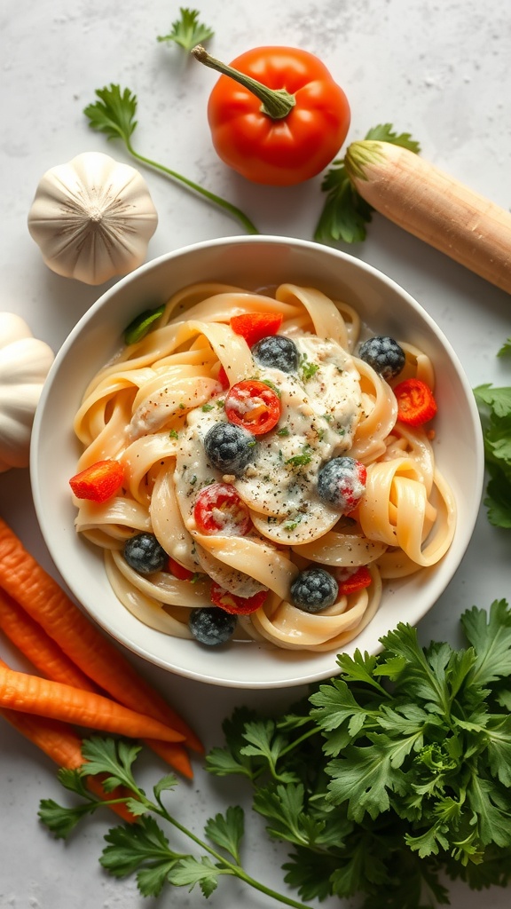 A bowl of pasta with a creamy hidden veggie sauce, topped with red peppers and blueberries, surrounded by fresh vegetables.