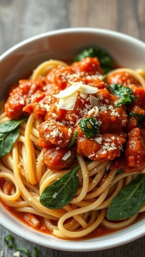 A delicious bowl of pasta with tomato and spinach sauce.