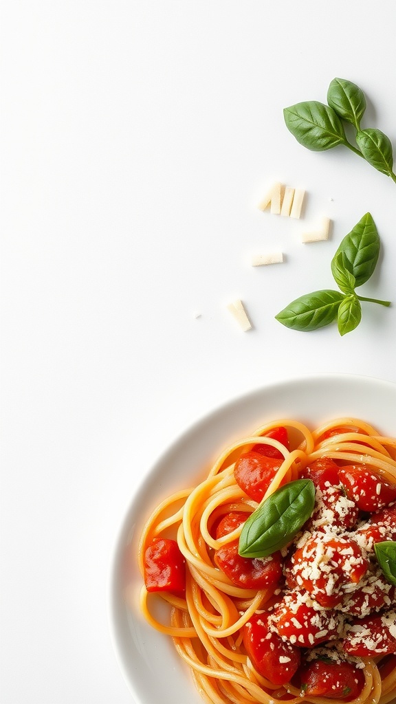 A bowl of pasta with tomato sauce garnished with fresh basil.