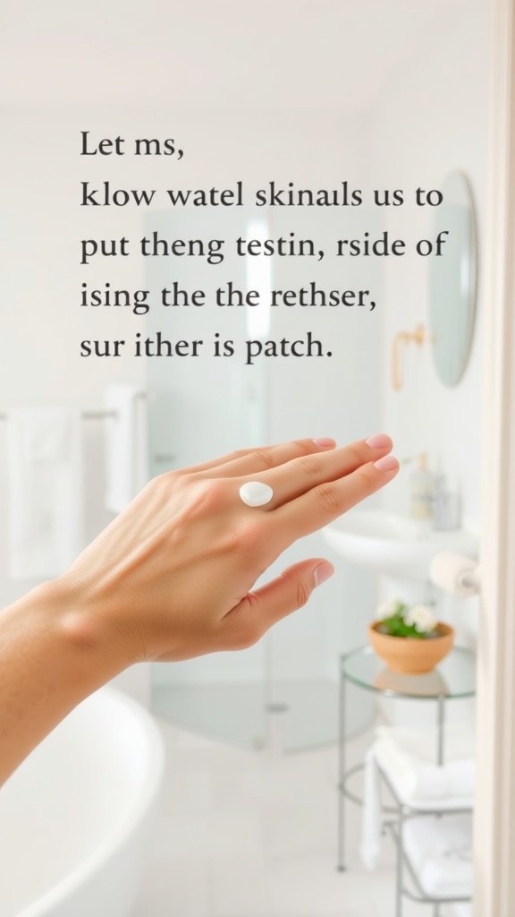 A hand applying skincare cream in a bathroom setting.