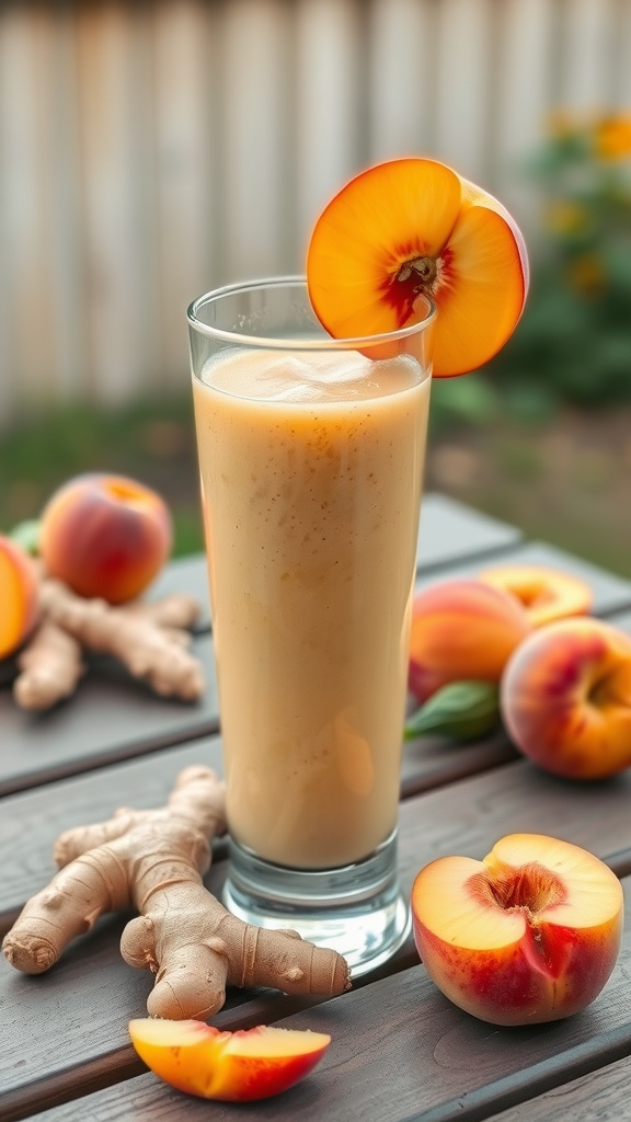 A refreshing Peach & Ginger Zing Smoothie in a tall glass garnished with a peach slice, surrounded by peaches and ginger.