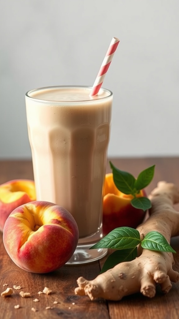 A refreshing peach and ginger smoothie in a glass with peaches and ginger root around it.
