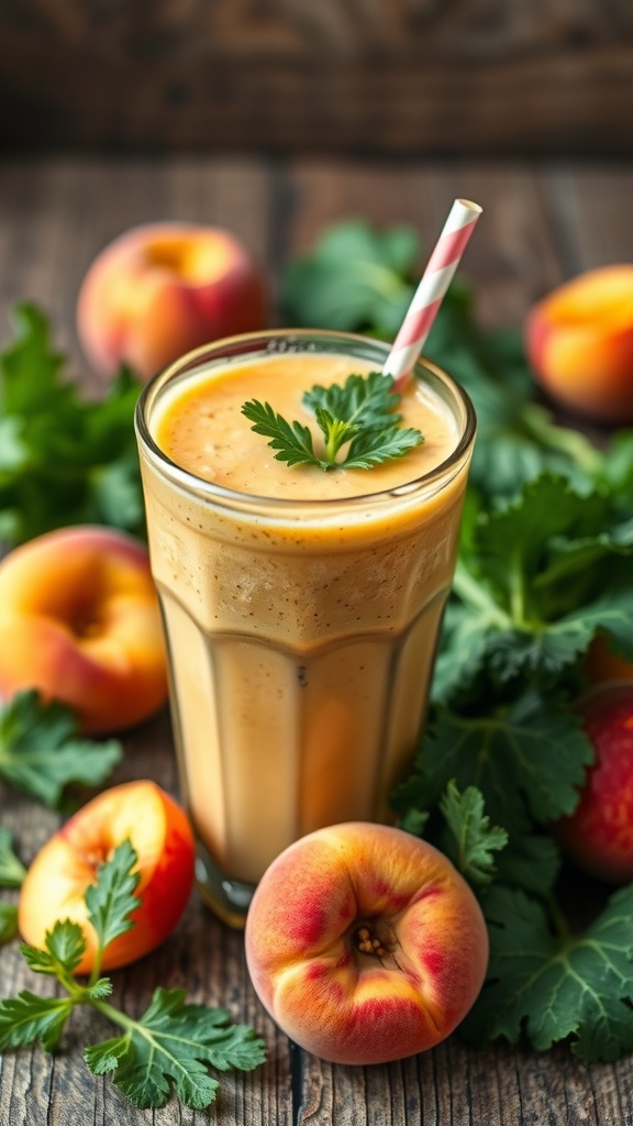 A refreshing glass of peach and kale smoothie with fresh peaches and leafy greens around it.