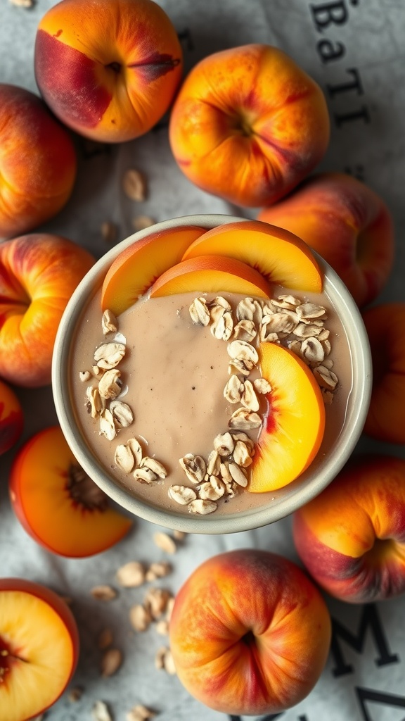 A vibrant peach and oat smoothie topped with peach slices and oats, surrounded by fresh peaches.