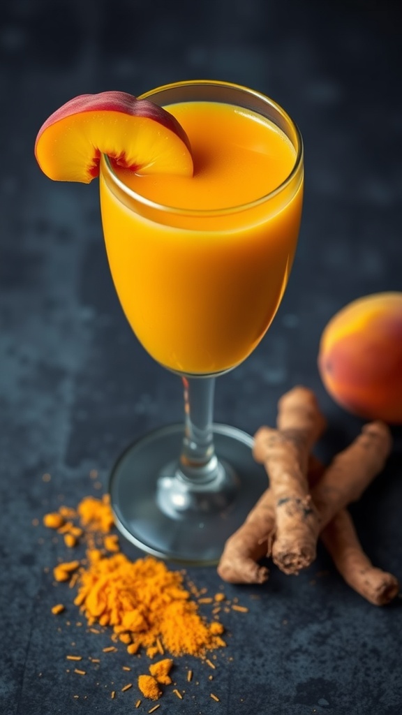 A refreshing peach and turmeric smoothie in a glass, garnished with a peach slice.