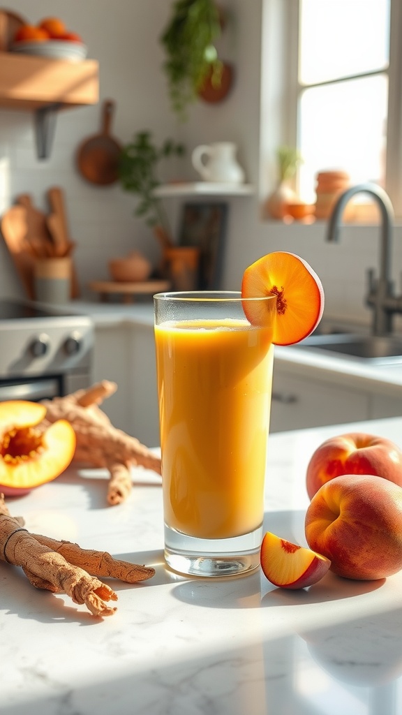 A glass of peach and turmeric smoothie with fresh peaches and turmeric root on the side.