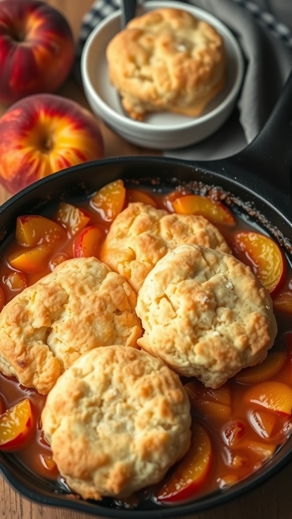 Baking dish with peach cobbler topped with biscuit dough, surrounded by fresh peaches.