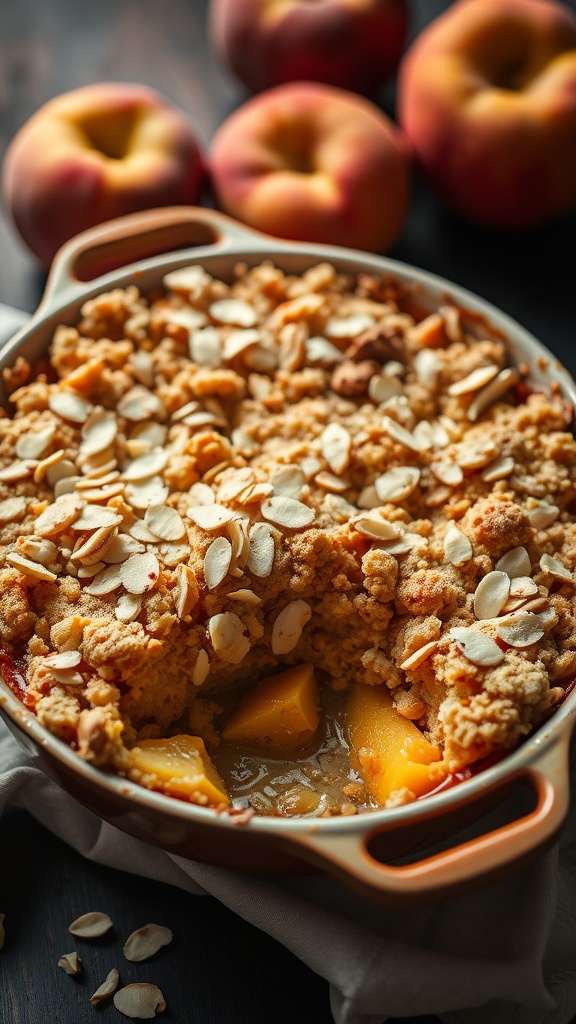 Delicious peach crumble with almond topping in a baking dish, surrounded by fresh peaches.