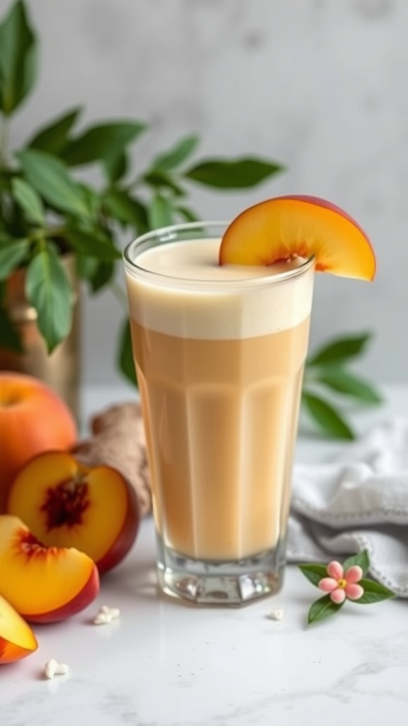 A refreshing peach ginger smoothie in a glass, garnished with a peach slice.