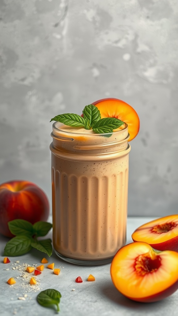 A creamy peach smoothie in a glass, garnished with mint and sliced peaches.