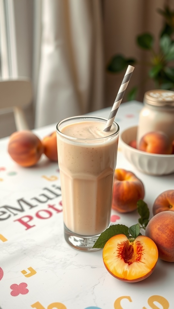 A refreshing peach smoothie in a glass with a straw, surrounded by fresh peaches.