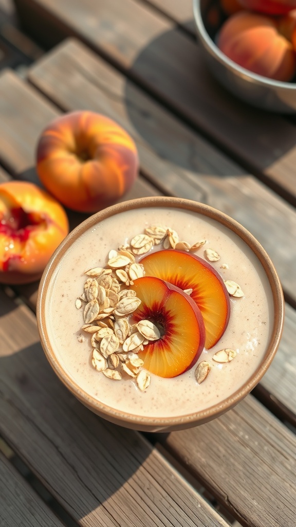 Peachy oatmeal smoothie topped with peach slices and oats in a bowl.