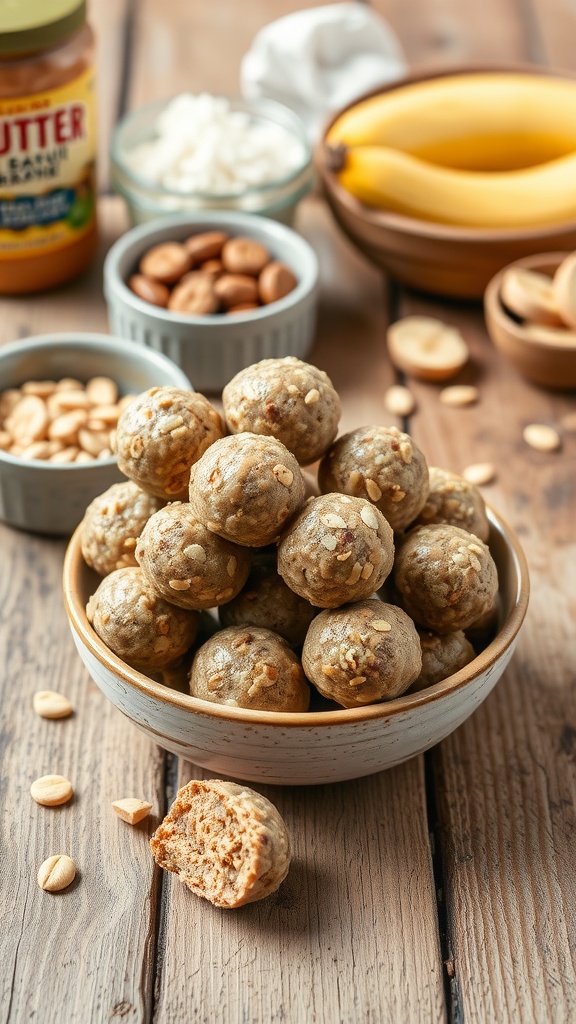 Peanut butter and banana energy balls in a bowl with ingredients in the background.