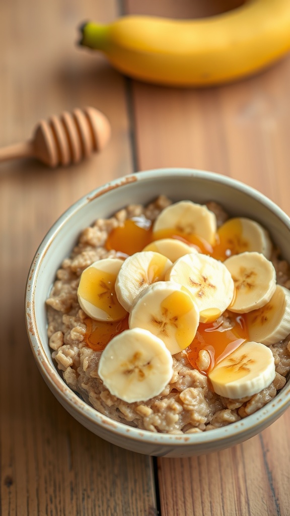 A bowl of peanut butter and banana oatmeal topped with banana slices and a drizzle of honey.