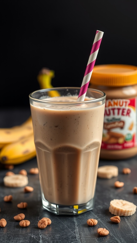 Peanut Butter and Banana Protein Smoothie in a glass with a pink straw