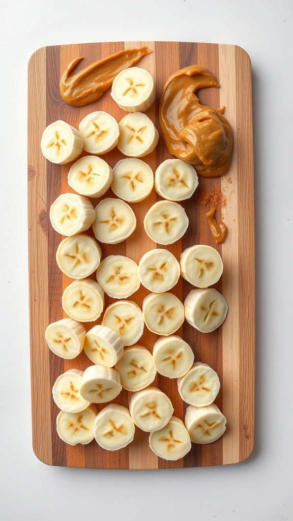 Peanut butter and banana roll-ups on a wooden cutting board.