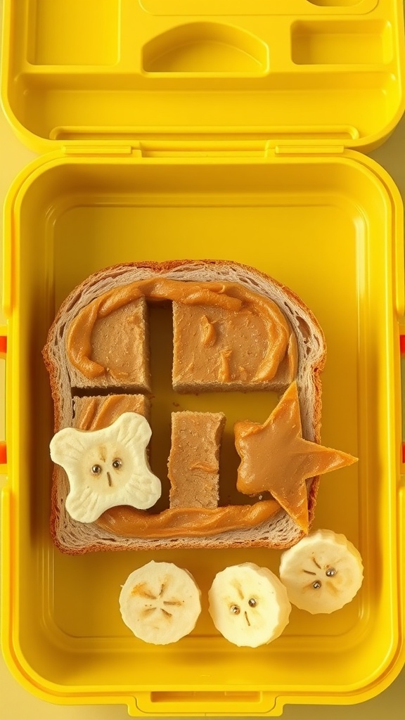 A peanut butter and banana sandwich in a lunchbox, showcasing creative shapes and slices.