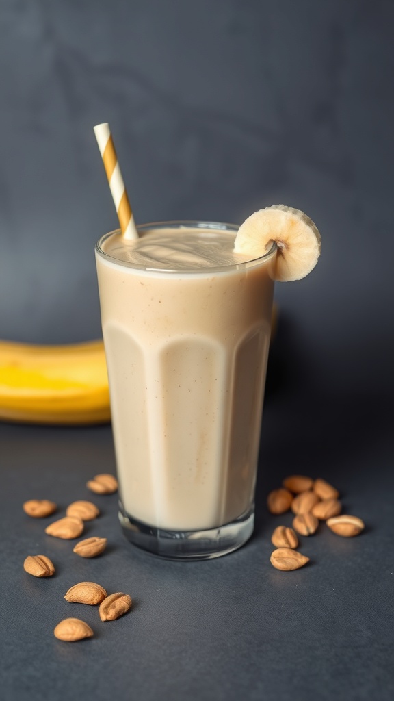 A delicious peanut butter and banana smoothie in a glass with a straw, surrounded by peanuts and a banana.