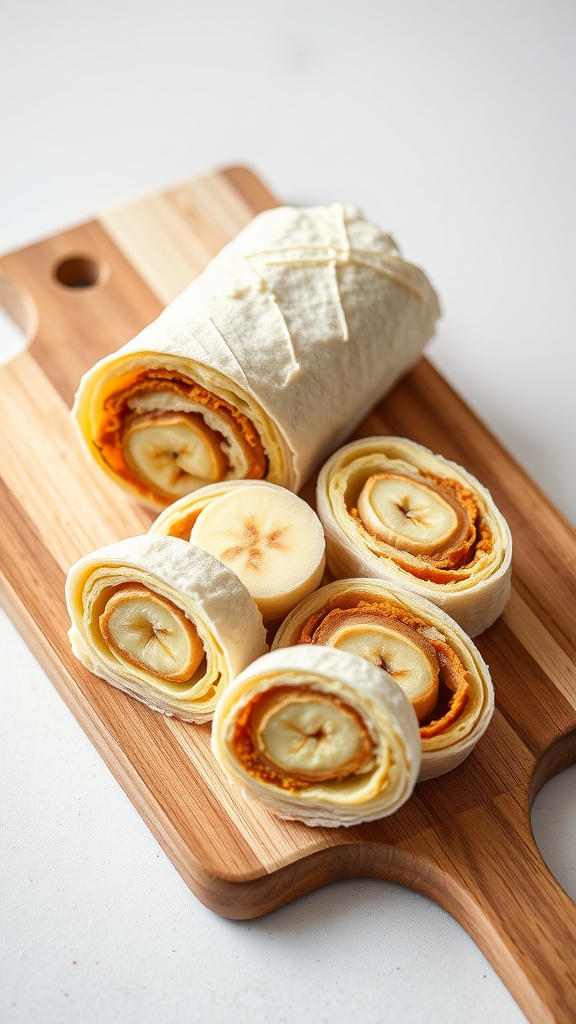 Peanut Butter and Banana Wraps sliced on a wooden board.
