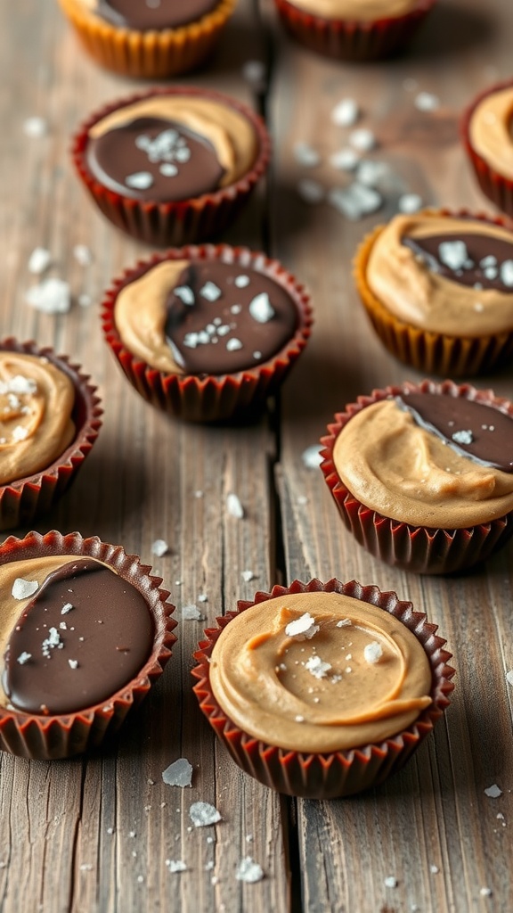 Delicious homemade peanut butter and chocolate cups, sprinkled with sea salt.