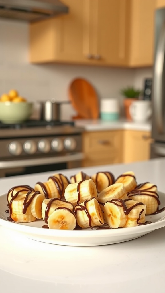 Peanut butter banana bites arranged on a plate with chocolate drizzle