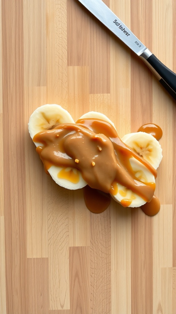 Peanut butter banana bites on a wooden surface.