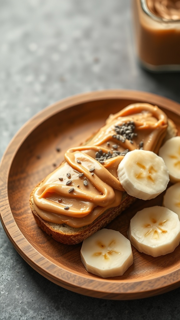 A wooden plate with peanut butter spread on toast and banana slices