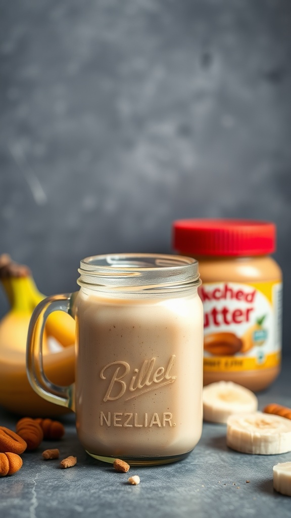A creamy peanut butter banana smoothie in a mason jar surrounded by bananas and peanut butter.