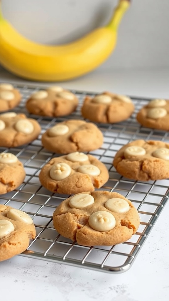 A plate of freshly baked peanut butter banana cookies on a cooling rack.