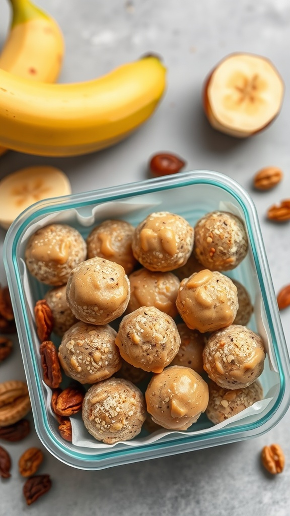 Peanut Butter Banana Energy Bites in a container with bananas in the background