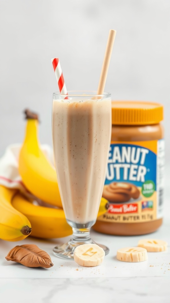 Peanut Butter Banana Smoothie in a glass with a straw and a jar of peanut butter in the background