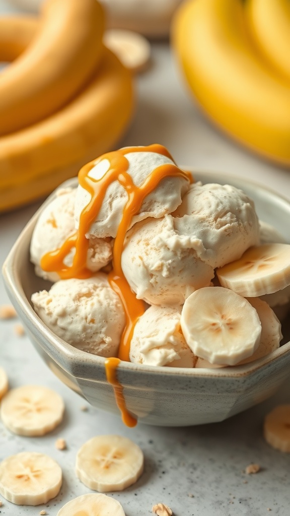 Bowl of peanut butter banana ice cream topped with a drizzle of caramel and banana slices