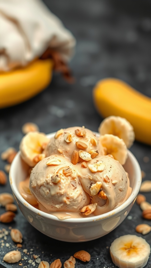 A bowl of peanut butter banana ice cream topped with nuts.