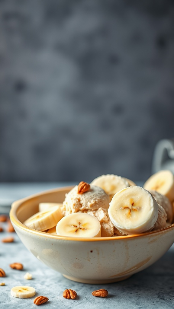 A bowl of peanut butter banana ice cream with banana slices and nuts around it.