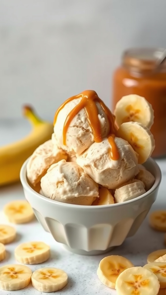 Delicious peanut butter banana ice cream served in a bowl, garnished with caramel drizzle and banana slices.