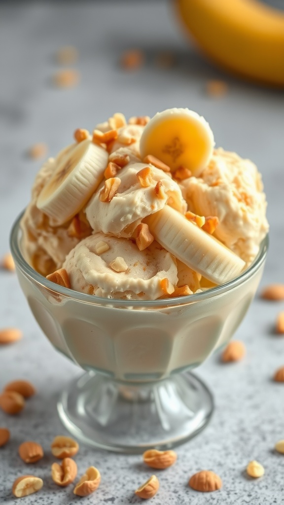 Peanut Butter Banana Ice Cream served in a glass bowl with banana slices and peanuts on top.