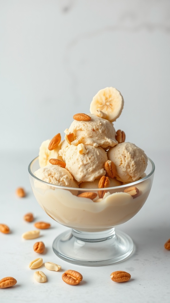 A bowl of Peanut Butter Banana Ice Cream topped with nuts and banana slices.