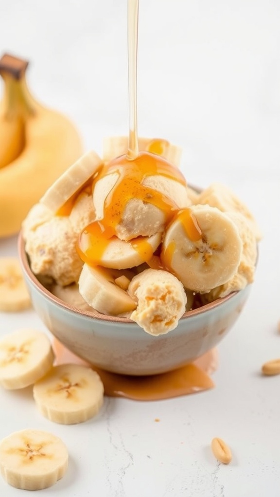 A bowl of peanut butter banana ice cream topped with banana slices and drizzled with honey